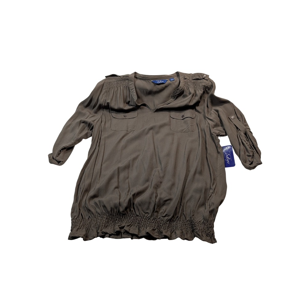 Great Northwest Indigo Women Smocked Waist Utility Blouse 1X Brown
